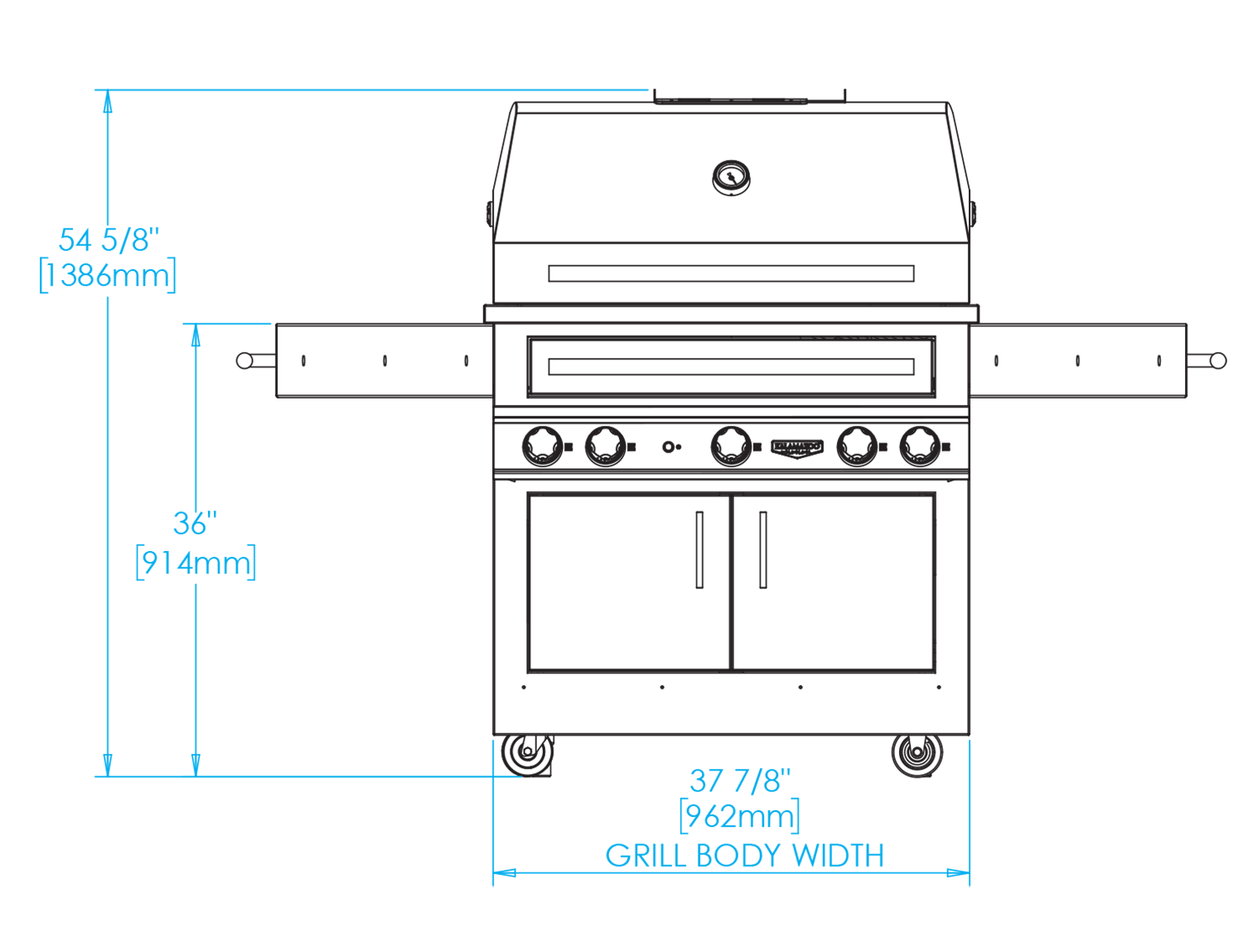 K750HT Freestanding Hybrid Fire Grill Dimensions Image